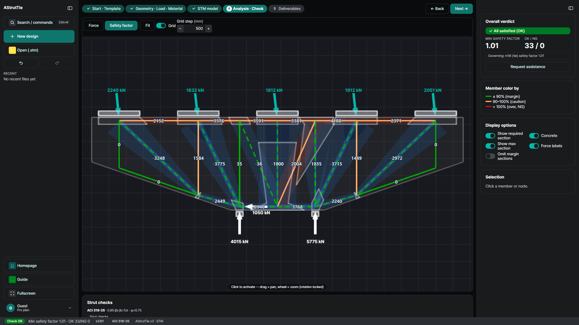 AStrutTie required and maximum section bands on the strut-and-tie model