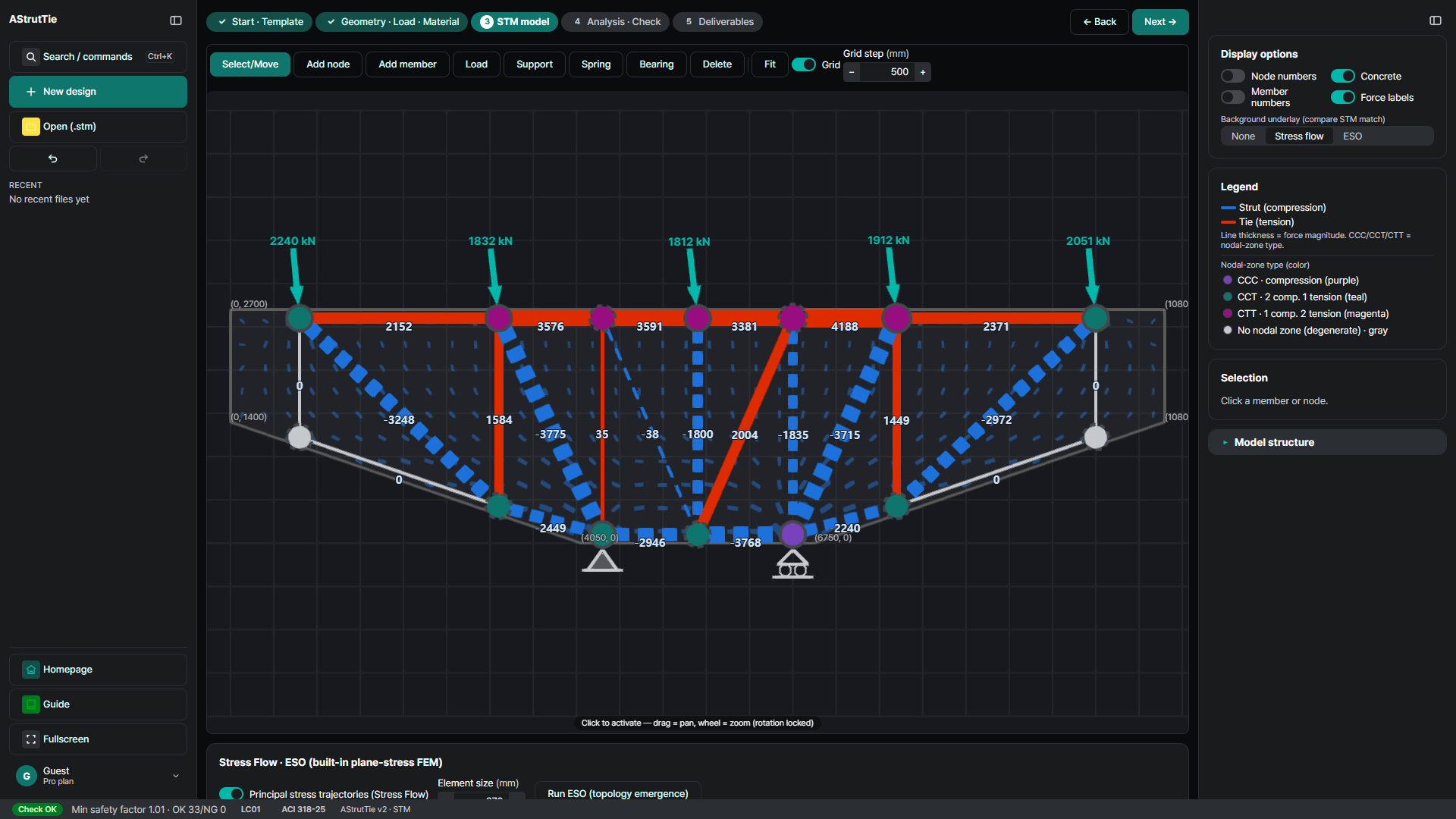 AStrutTie stress-flow underlay behind the strut-and-tie model