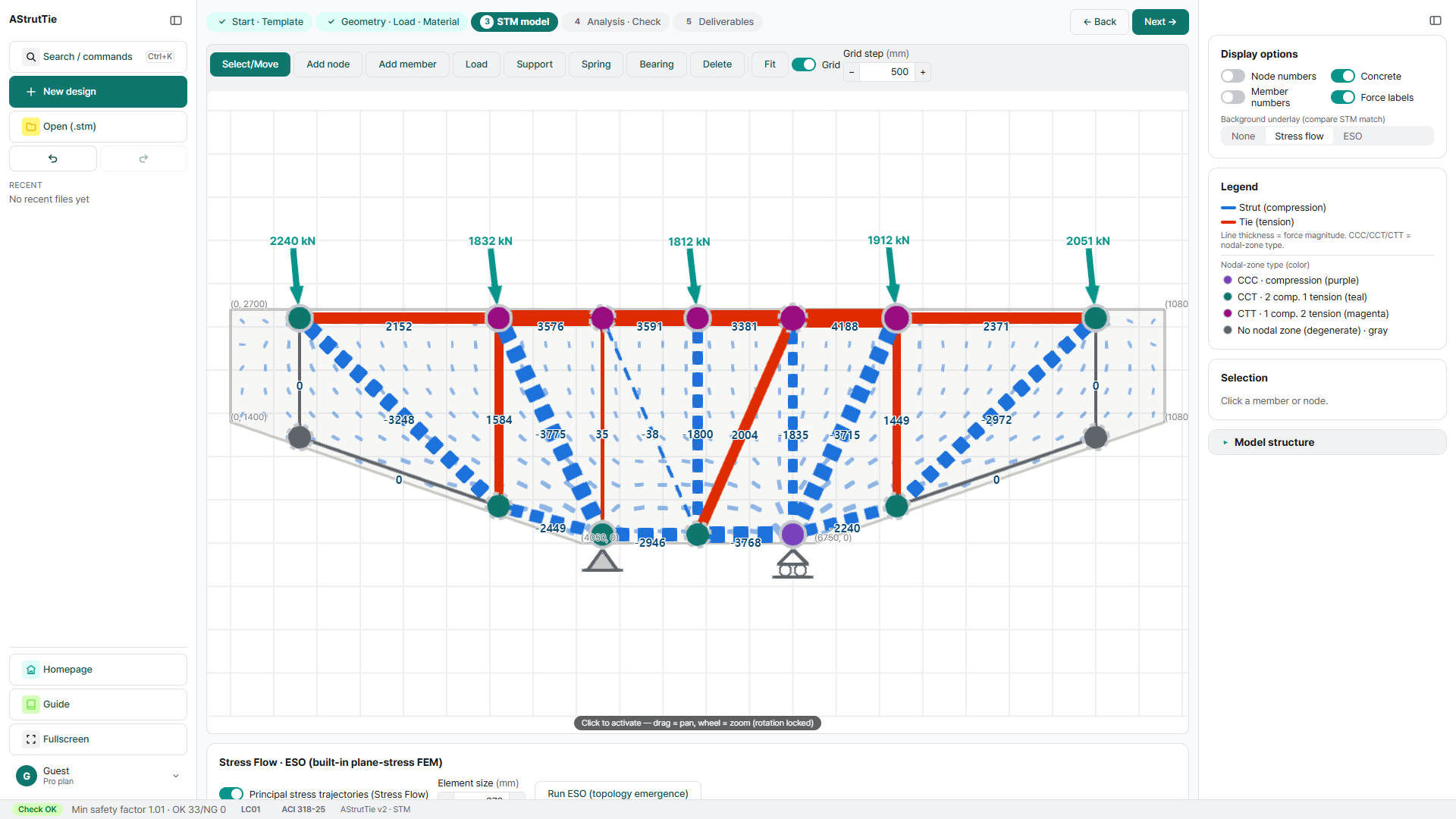 AStrutTie stress-flow underlay behind the strut-and-tie model